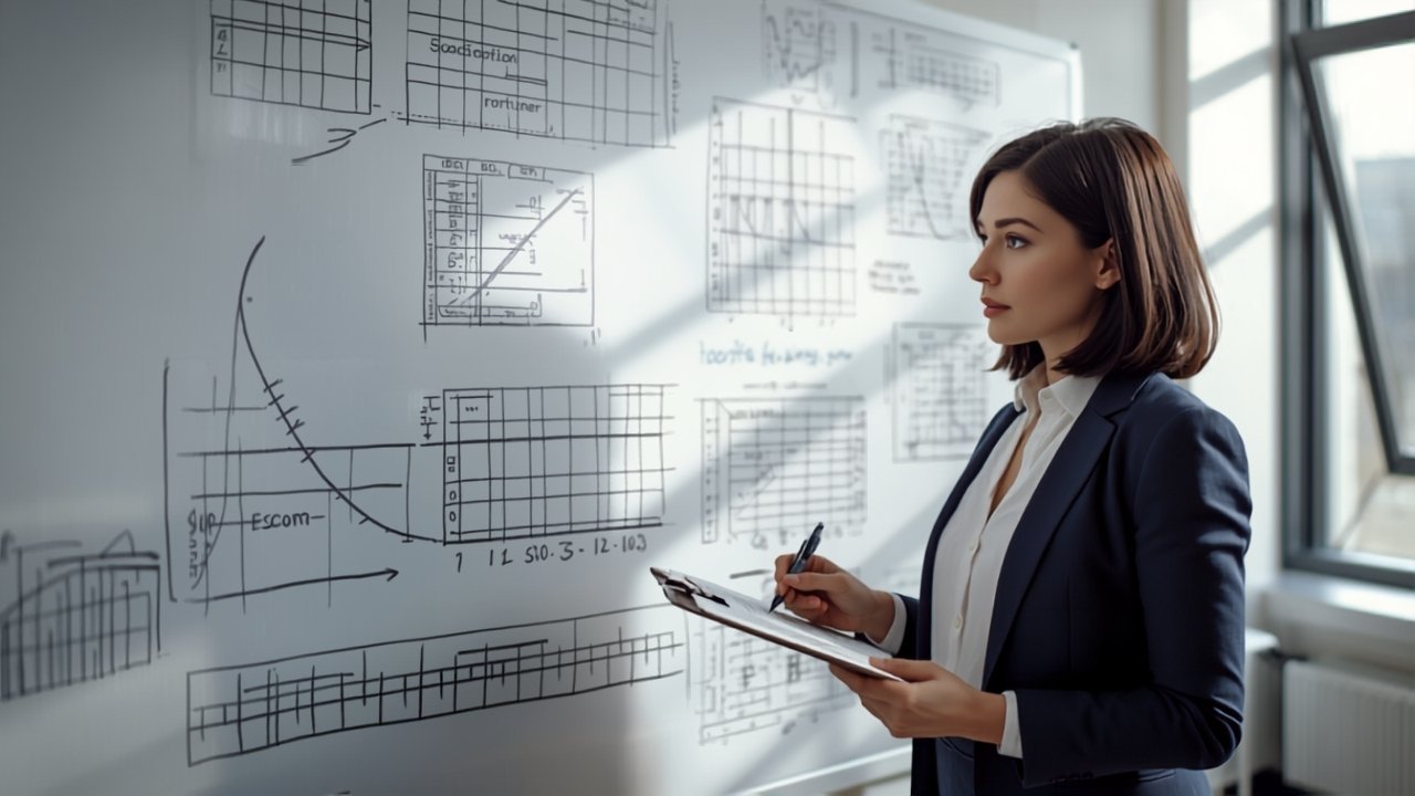 Profissional observando um quadro de gráficos e tomando nota